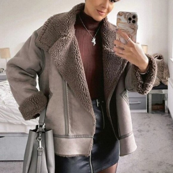 ZARA NEW WOMEN FAUX LEATHER SHEARLING DOUBLE-FACED BIKER JACKET GRAY 3548/243 XL - Picture 6 of 15